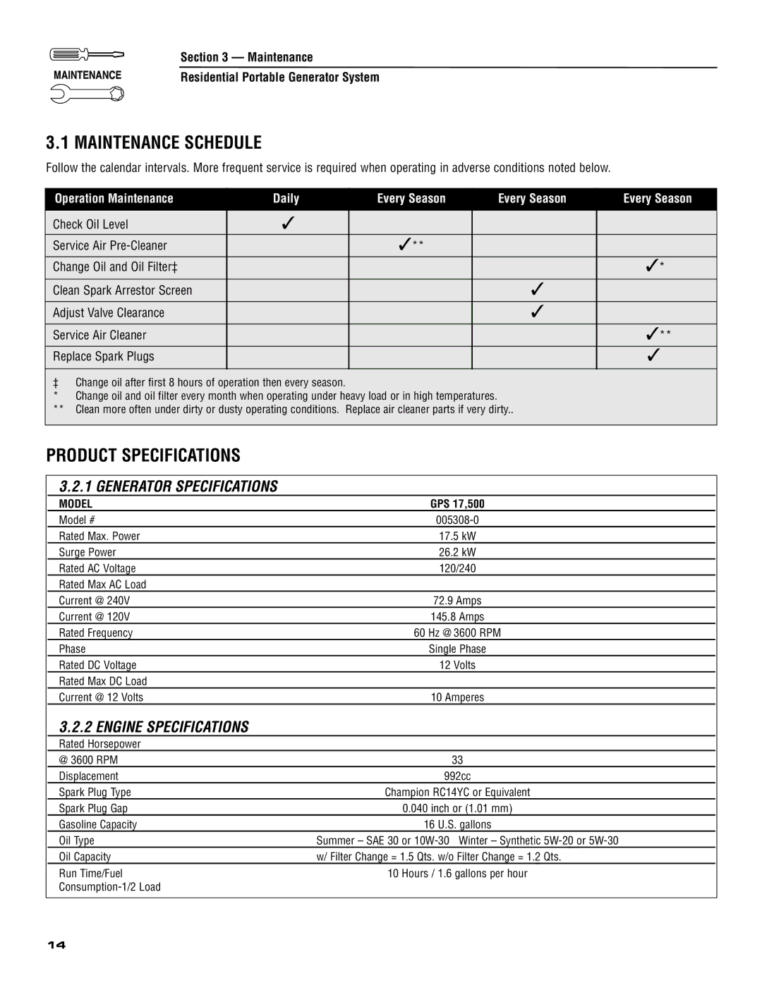 Generac 005308-0 owner manual Maintenance Schedule, Maintenance Residential Portable Generator System 