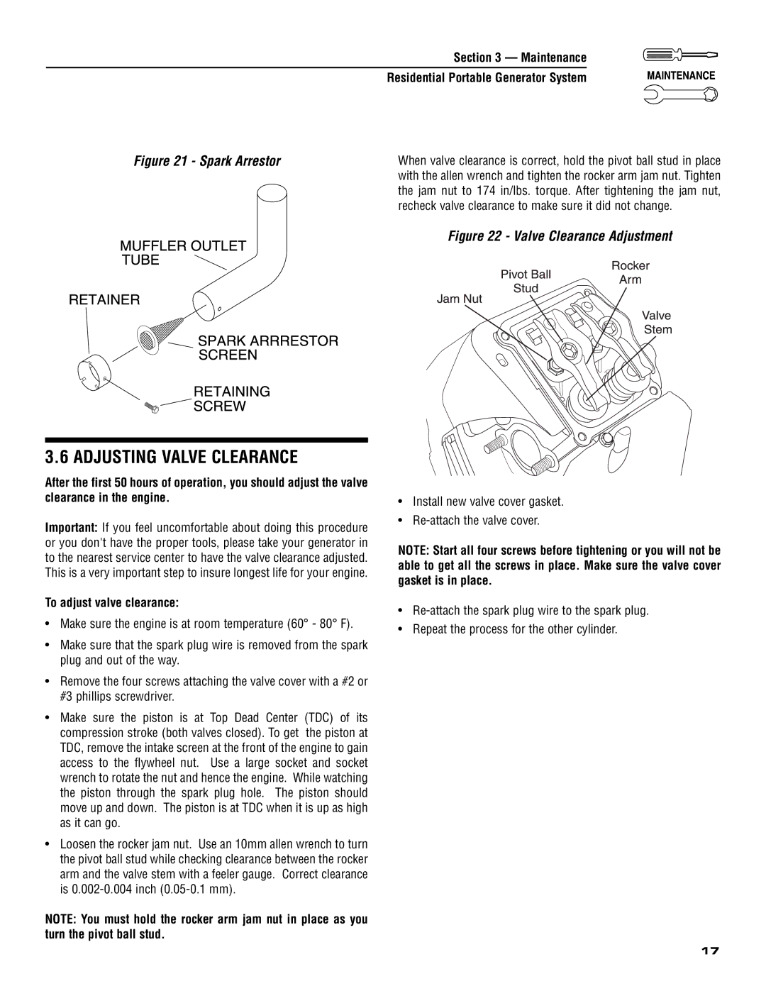 Generac 005308-0 owner manual Adjusting Valve Clearance, To adjust valve clearance 