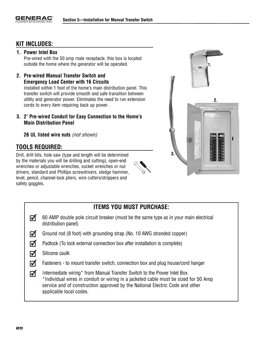 Generac 005308-0 KIT Includes, Tools Required, Items YOU Must Purchase, Installation for Manual Transfer Switch 