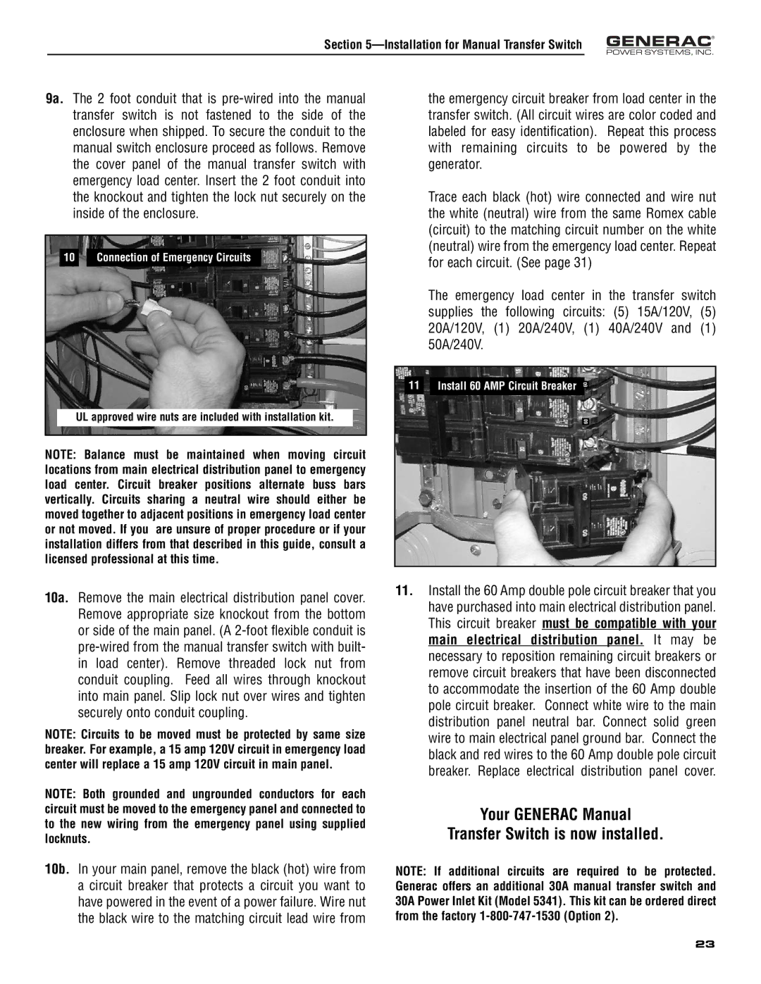 Generac 005308-0 owner manual Your Generac Manual Transfer Switch is now installed 