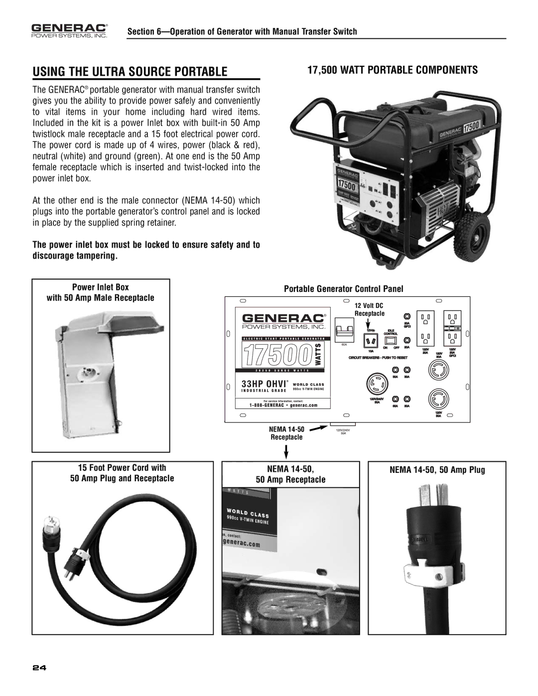 Generac 005308-0 owner manual Using the Ultra Source Portable, Operation of Generator with Manual Transfer Switch 