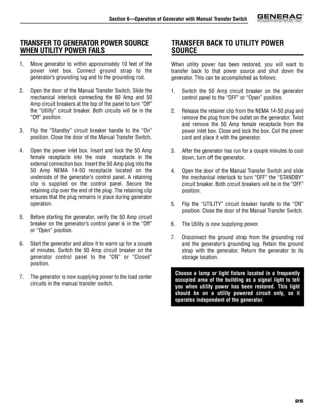 Generac 005308-0 Transfer Back to Utility Power Source, Transfer to Generator Power Source When Utility Power Fails 