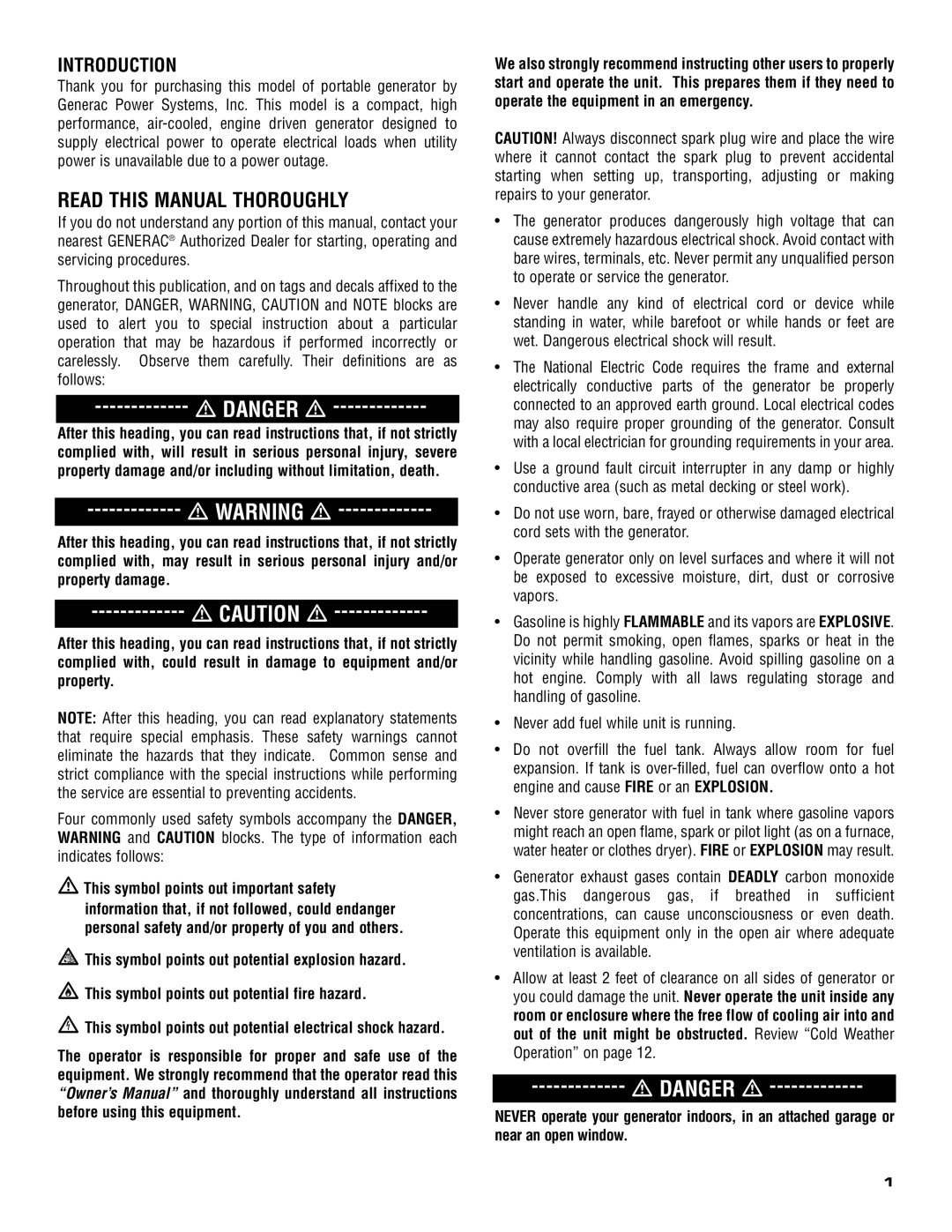 Generac 005308-0 owner manual Read this Manual Thoroughly 