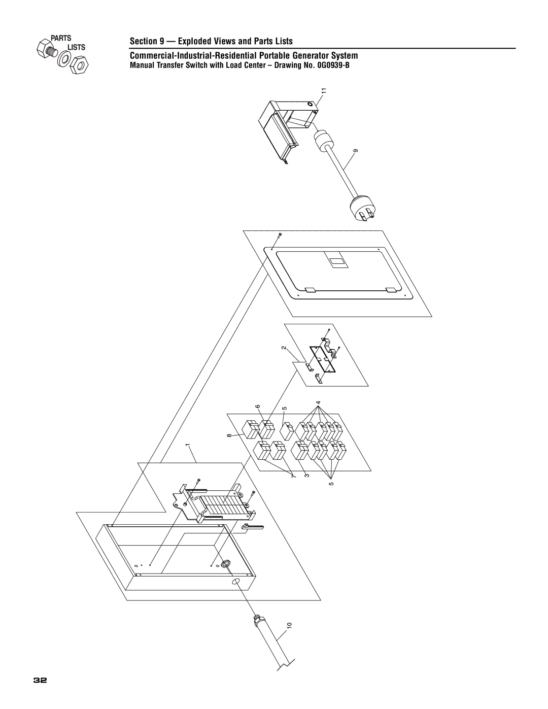 Generac 005308-0 owner manual Manual Transfer Switch with Load Center Drawing No G0939-B 