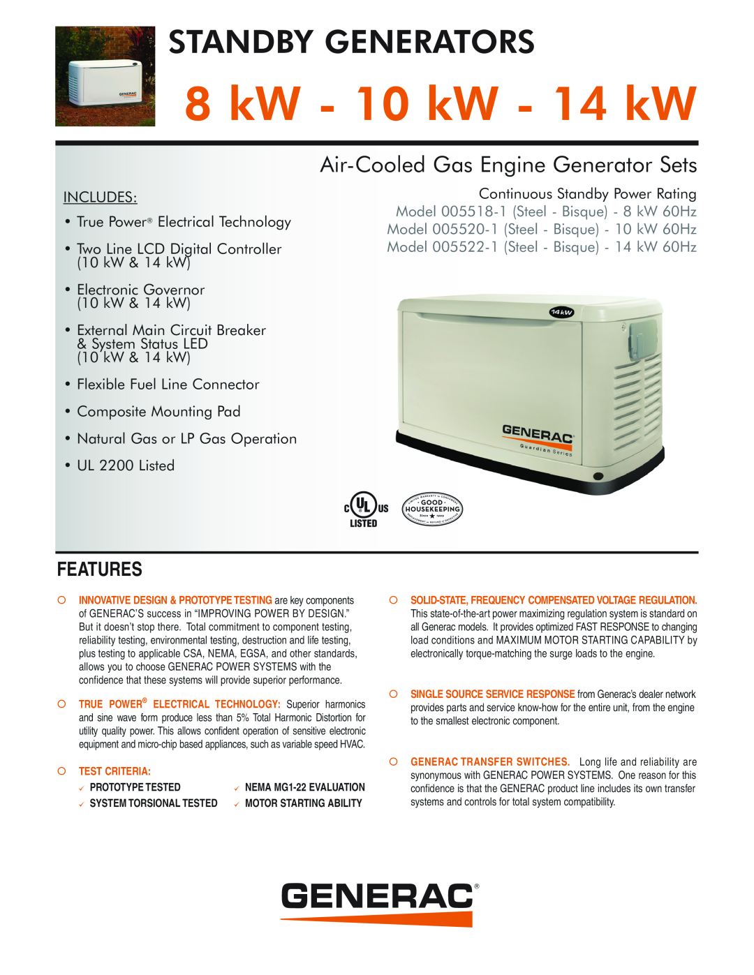 Generac 005522-1, 005520-1 manual Features, kW - 10 kW - 14 kW, Standby Generators, Air-CooledGas Engine Generator Sets 