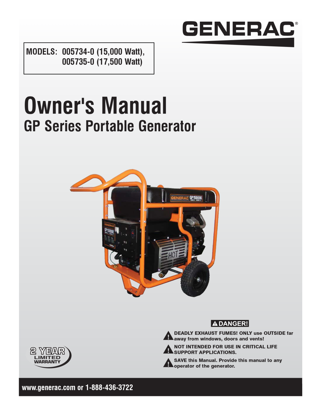 Generac 005735-0, 005734-0 owner manual Owners Manual, GP Series Portable Generator 