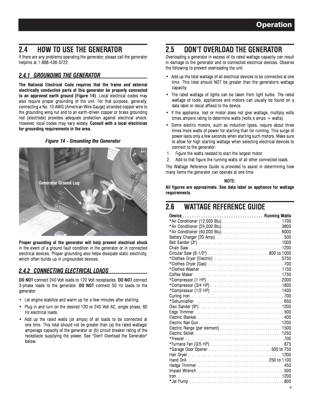 Generac 005735-0, 005734-0 How To Use The Generator, Wattage Reference Guide, 2.5 DON’T OVERLOAD THE GENERATOR, Operation 