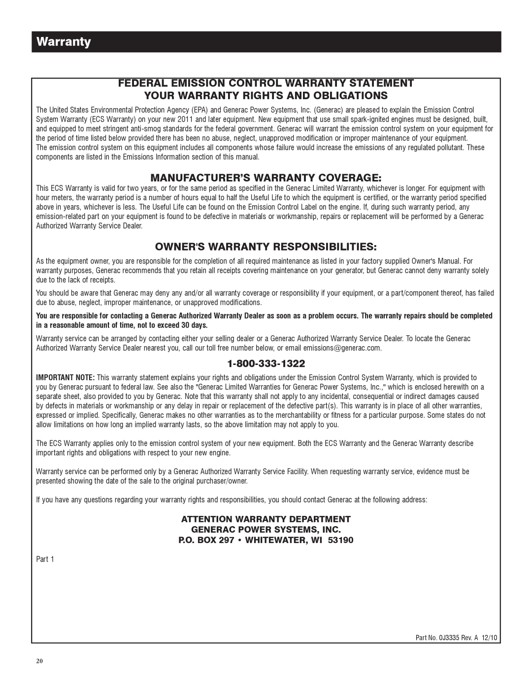 Generac 005734-0, 005735-0 Federal Emission Control Warranty Statement, Your Warranty Rights And Obligations 