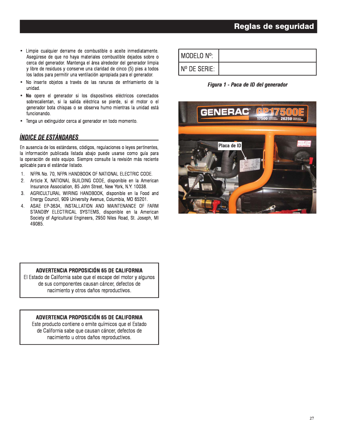 Generac 005735-0 Índice De Estándares, Modelo Nº Nº De Serie, Reglas de seguridad, Figura 1 - Paca de ID del generador 