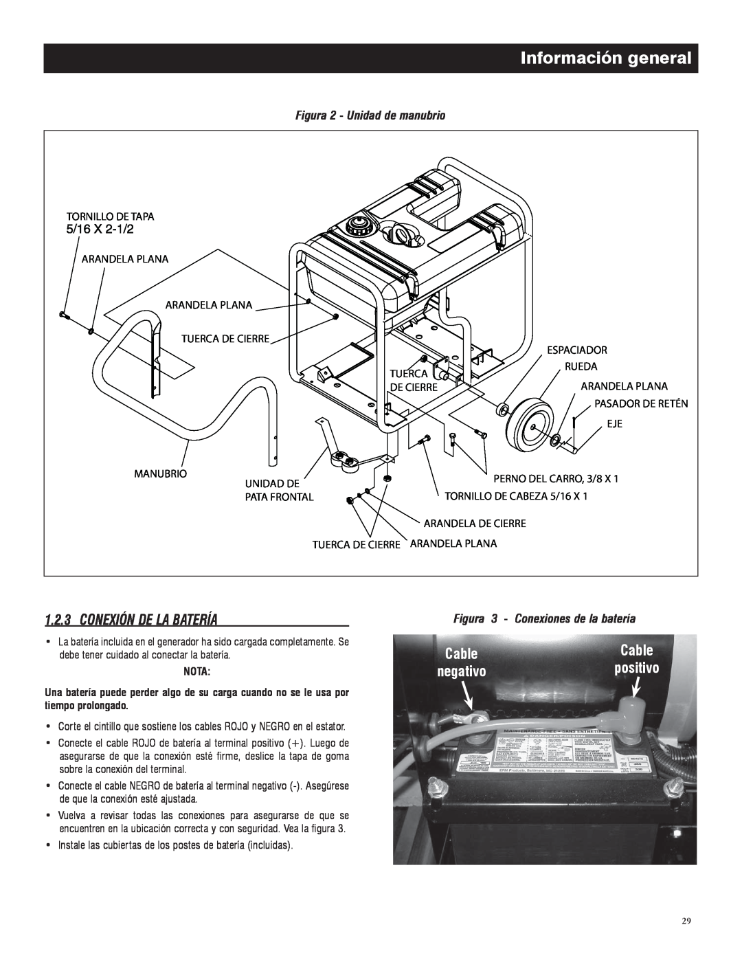 Generac 005735-0 Conexión De La Batería, Información general, Figura 2 - Unidad de manubrio, positivo, Cable, negativo 