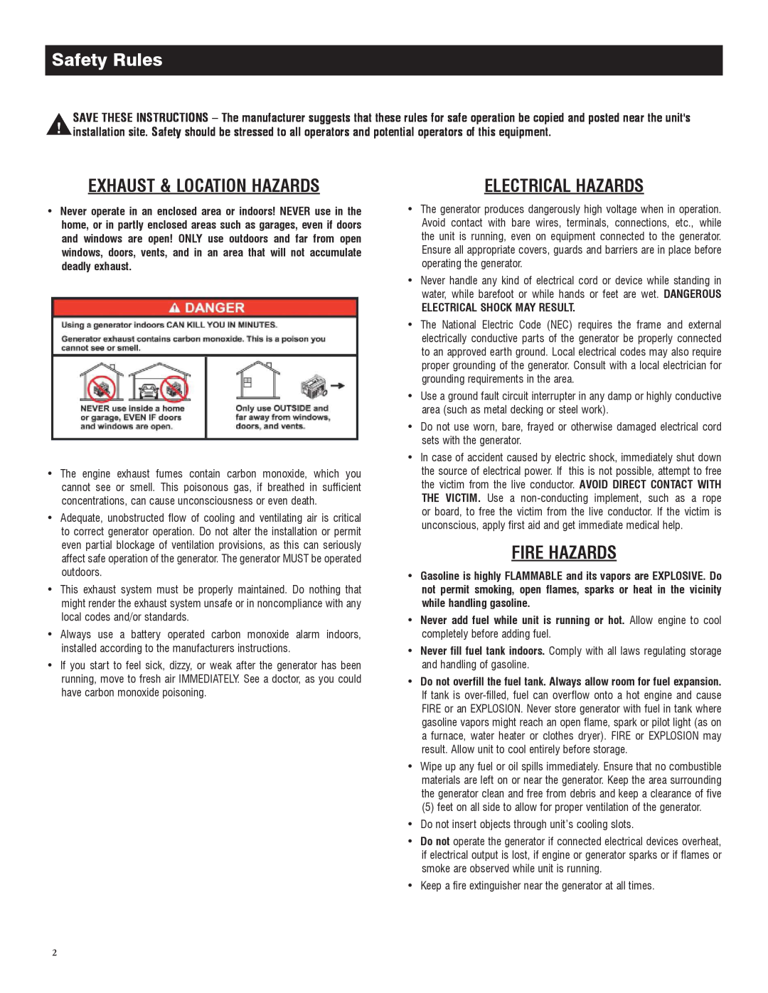 Generac 005734-0, 005735-0 owner manual Safety Rules, Exhaust & Location Hazards, Fire Hazards, Electrical Hazards 