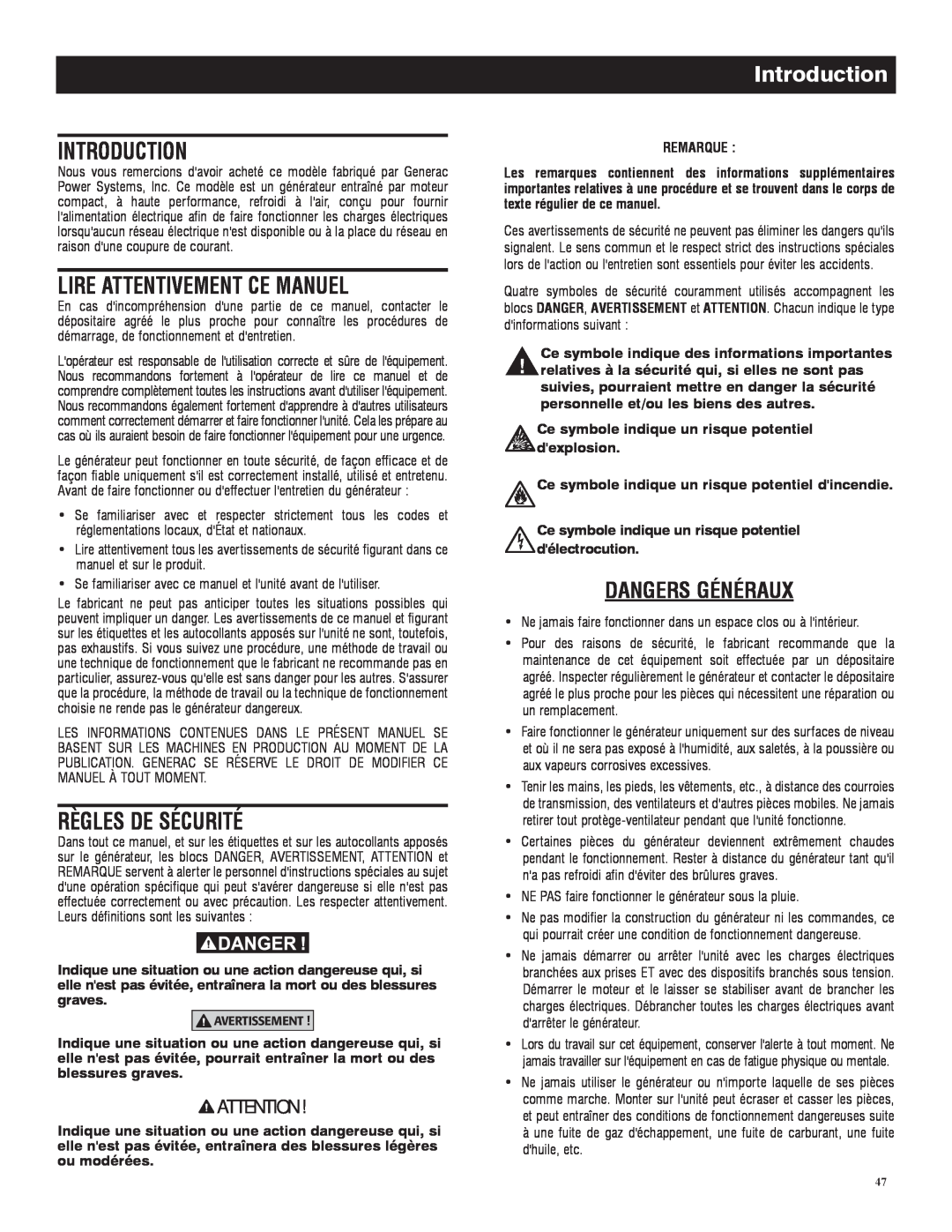 Generac 005735-0, 005734-0 owner manual Lire Attentivement Ce Manuel, Règles De Sécurité, Dangers Généraux, Introduction 