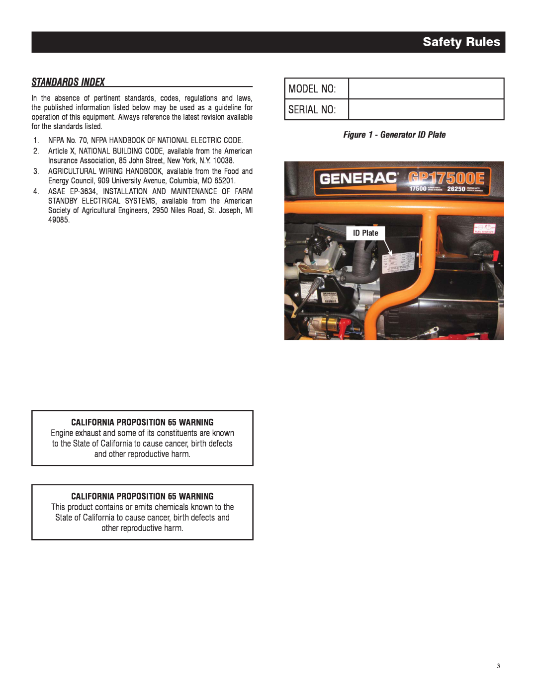 Generac 005735-0 Standards Index, Model No Serial No, Safety Rules, CALIFORNIA PROPOSITION 65 WARNING, Generator ID Plate 