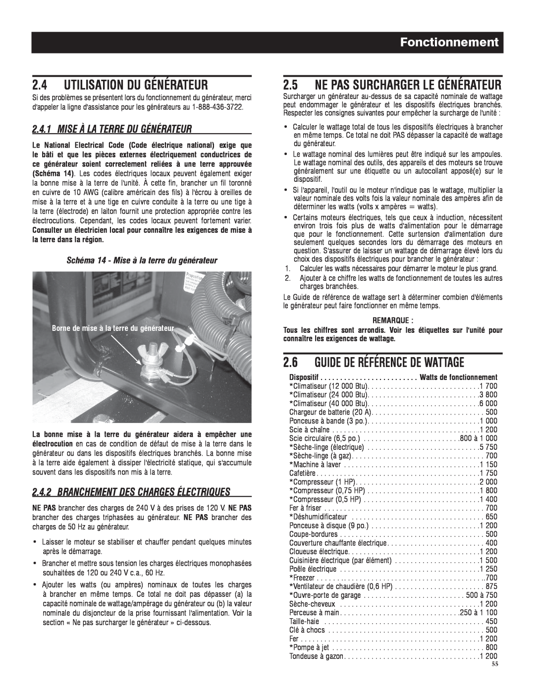 Generac 005735-0 Utilisation Du Générateur, Guide De Référence De Wattage, Ne Pas Surcharger Le Générateur, Fonctionnement 