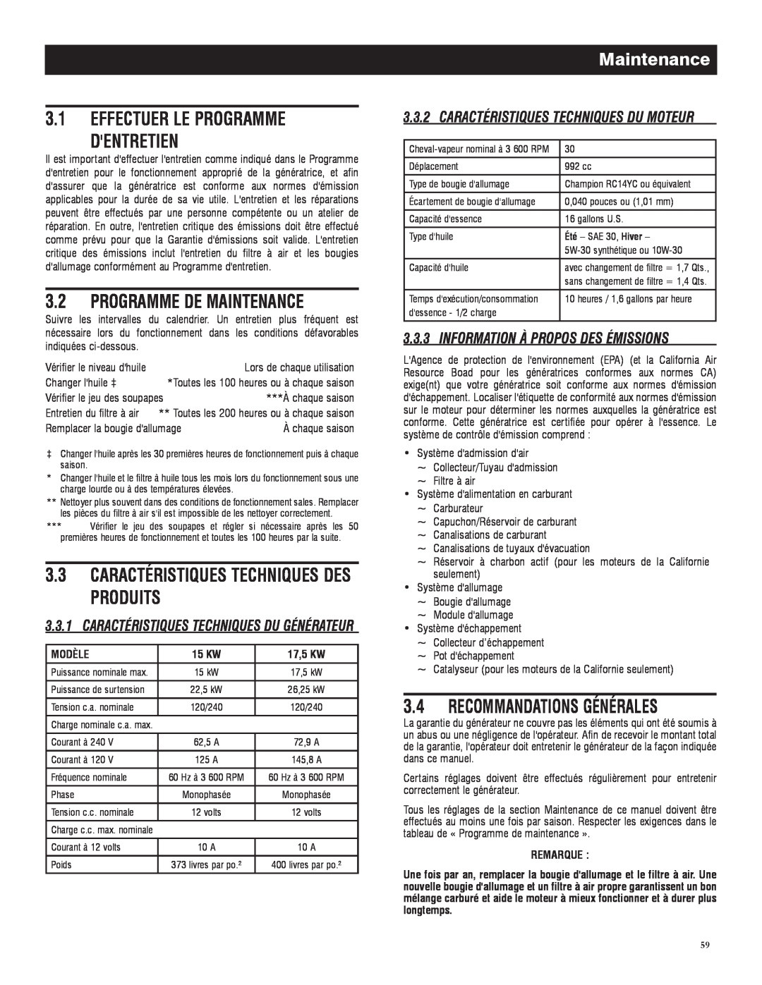 Generac 005735-0 Effectuer Le Programme Dentretien, Programme De Maintenance, Caractéristiques Techniques Des Produits 