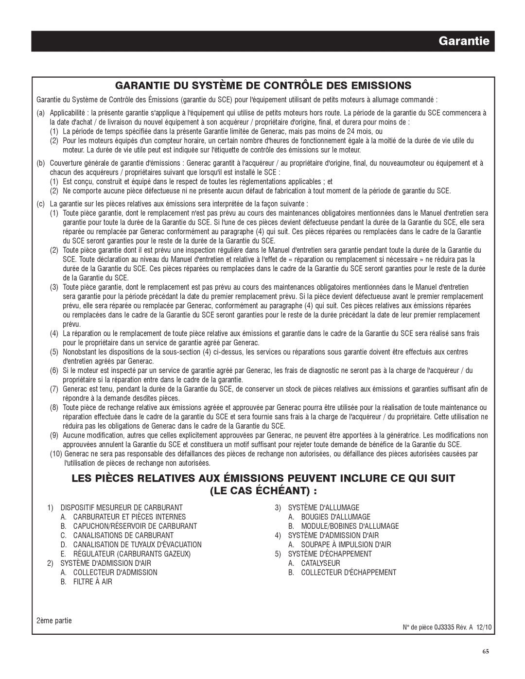 Generac 005735-0, 005734-0 Garantie Du Système De Contrôle Des Emissions, Le Cas Échéant, Module/Bobines Dallumage 