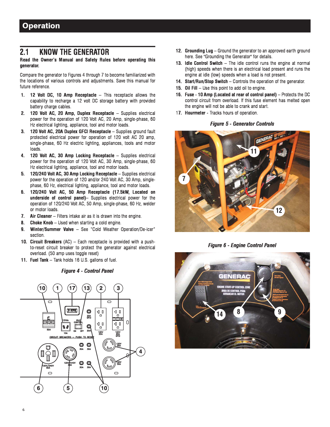 Generac 005734-0, 005735-0 owner manual Know The Generator, Operation, Generator Controls, Engine Control Panel 