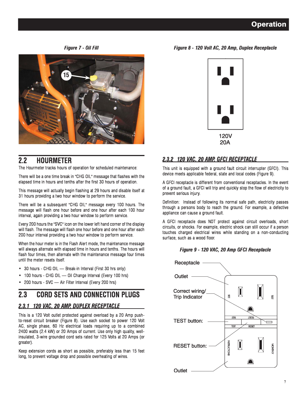 Generac 005735-0 Hourmeter, Cord Sets And Connection Plugs, 2.3.1 120 VAC, 20 AMP, DUPLEX RECEPTACLE, Operation, Oil Fill 