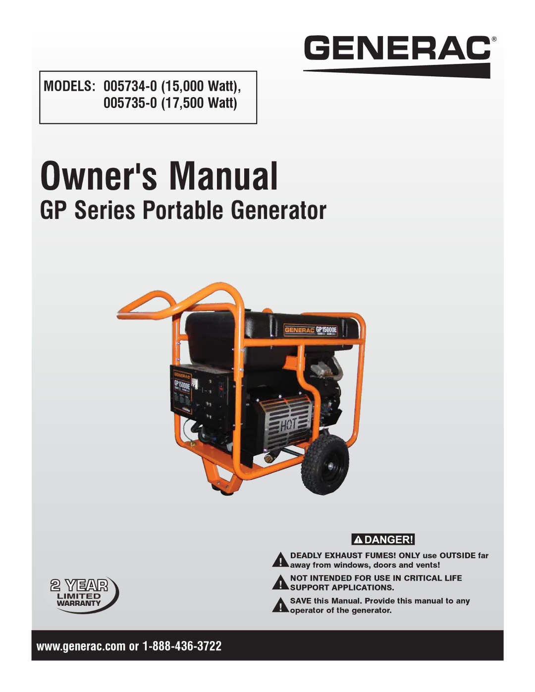 Generac 005735-0 owner manual GP Series Portable Generator, NOT Intended for USE in Critical Life Support Applications 