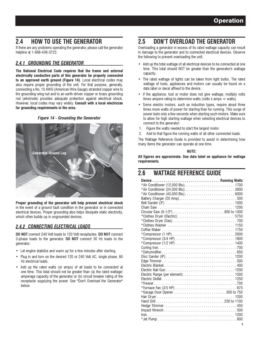 Generac 005735-0 HOW to USE the Generator, Wattage Reference Guide, Grounding the Generator, Connecting Electrical Loads 