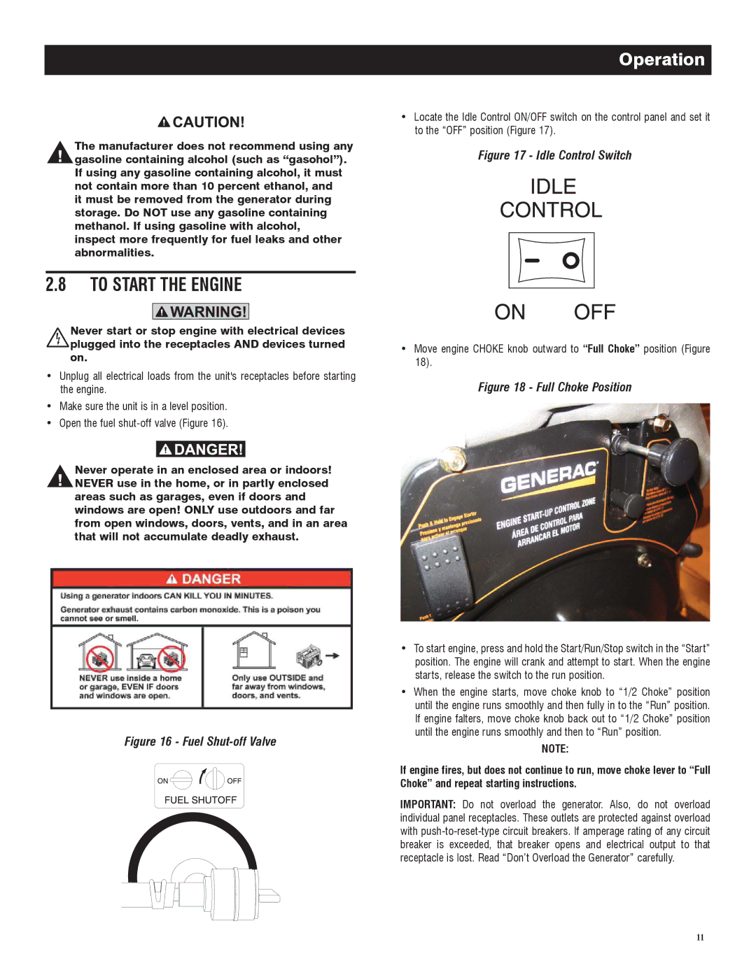 Generac 005735-0, 005734-0 owner manual To Start the Engine, Move engine Choke knob outward to Full Choke position Figure 