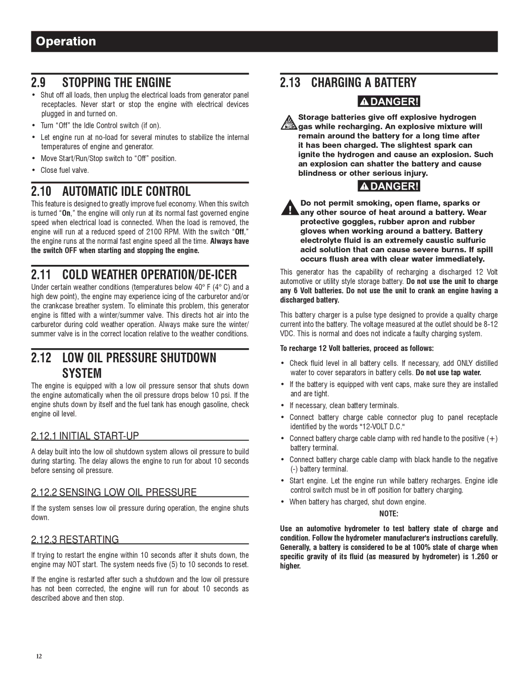 Generac 005734-0 Stopping the Engine, Automatic Idle Control, LOW OIL Pressure Shutdown System, Charging a Battery 