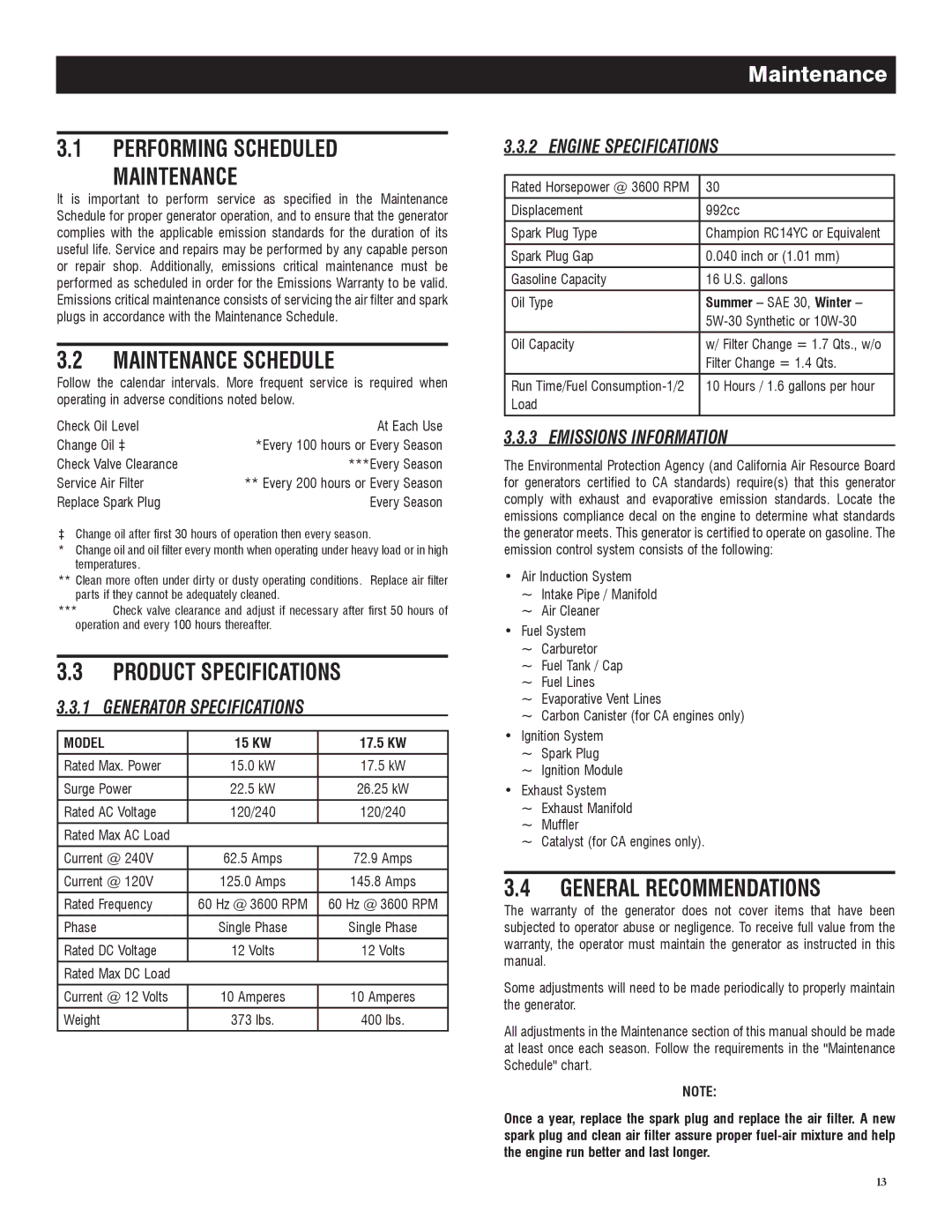 Generac 005735-0 Performing Scheduled Maintenance, Maintenance Schedule, Product Specifications, General Recommendations 