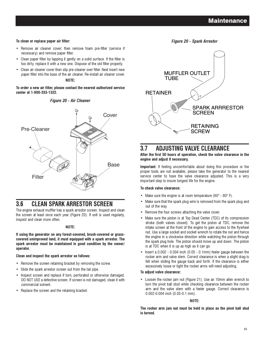 Generac 005735-0, 005734-0 owner manual Adjusting Valve Clearance, Clean Spark Arrestor Screen, To check valve clearance 