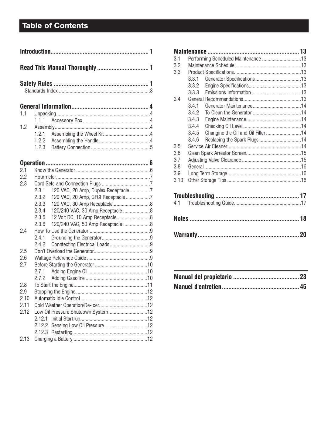 Generac 005734-0, 005735-0 owner manual Table of Contents 