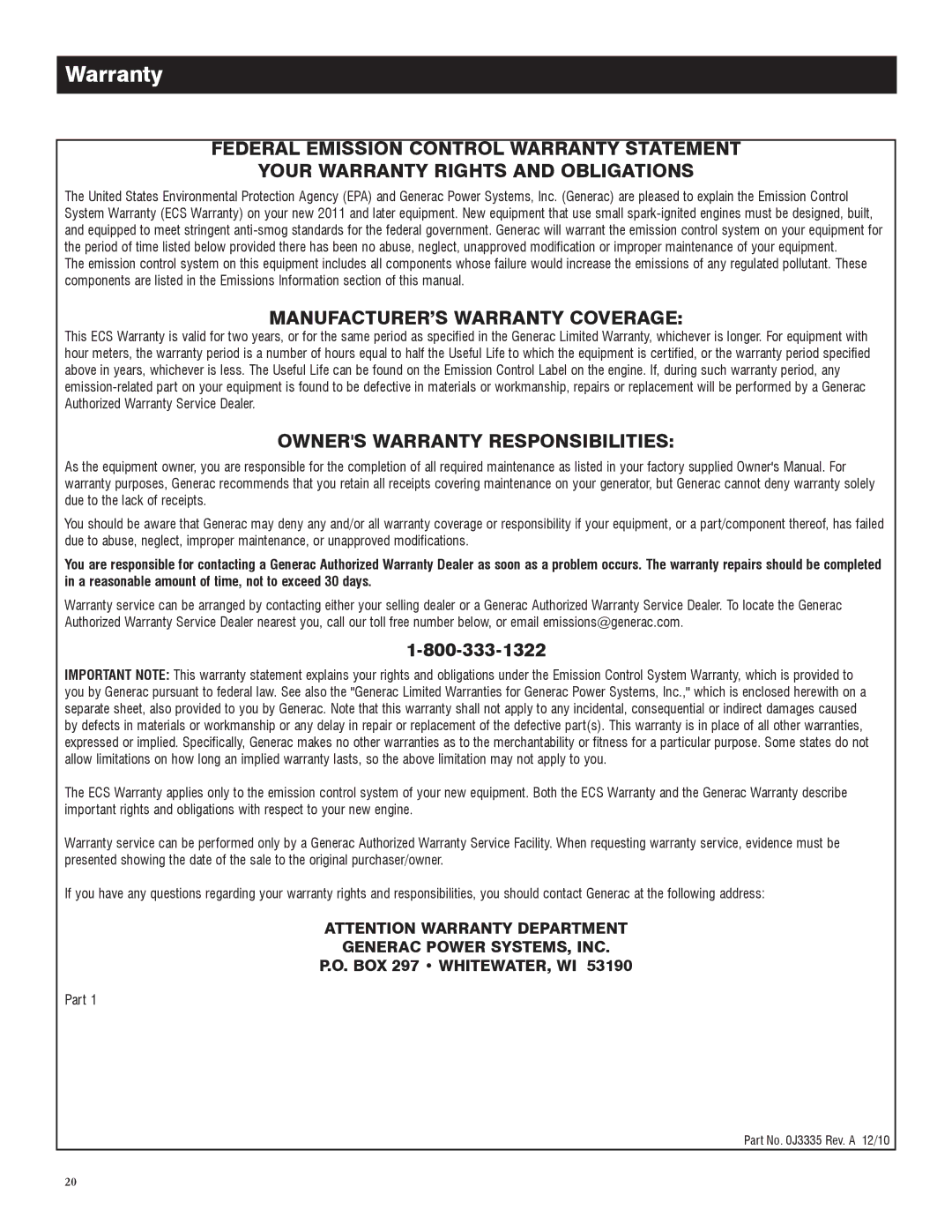 Generac 005734-0, 005735-0 owner manual MANUFACTURER’S Warranty Coverage, Owners Warranty Responsibilities, Part 