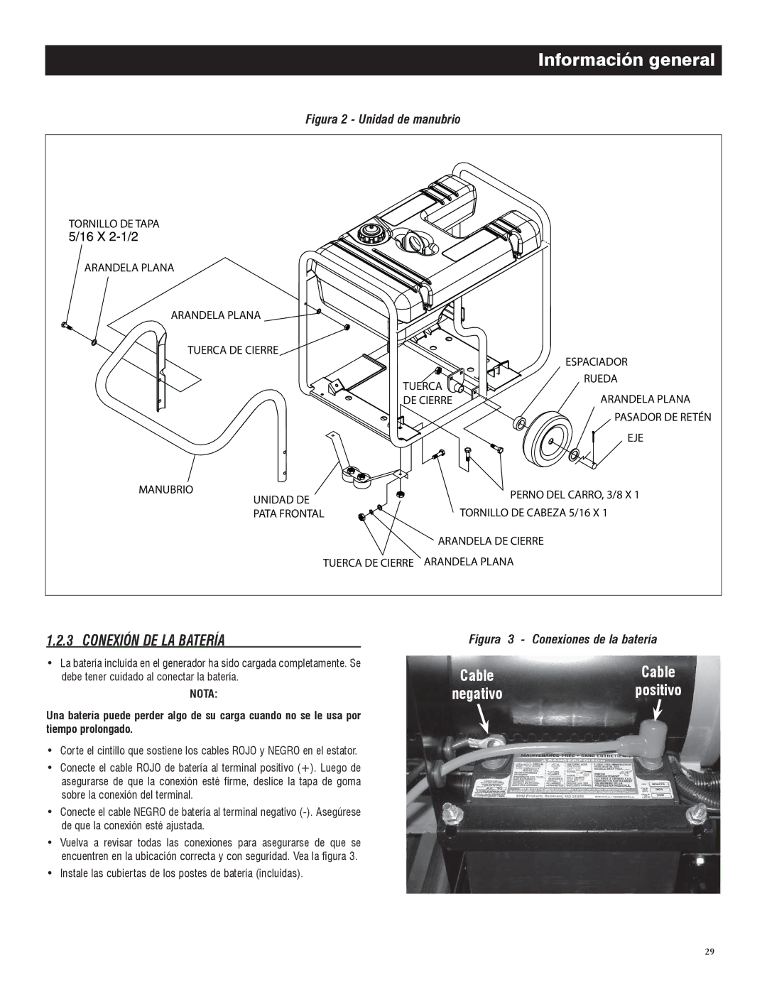 Generac 005735-0, 005734-0 owner manual Conexión DE LA Batería, Instale las cubiertas de los postes de batería incluidas 