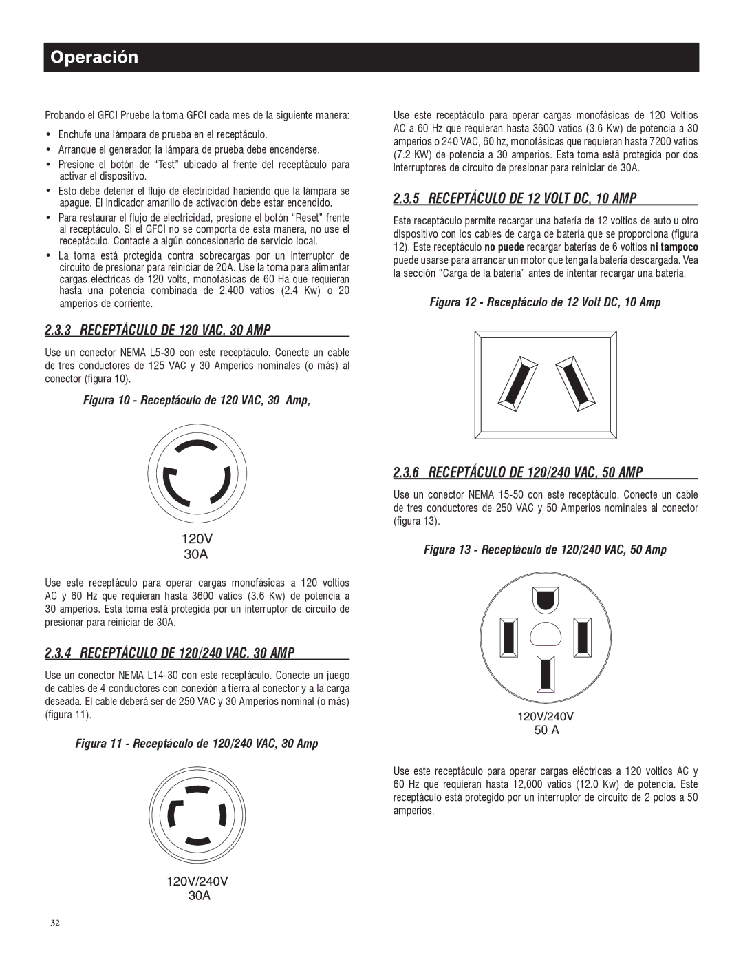 Generac 005734-0, 005735-0 owner manual Receptáculo DE 120 VAC, 30 AMP, Receptáculo DE 12 Volt DC, 10 AMP 