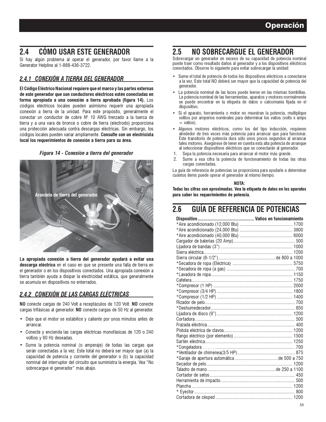 Generac 005735-0, 005734-0 Cómo Usar Este Generador, Conexión a Tierra DEL Generador, Conexión DE LAS Cargas Eléctricas 