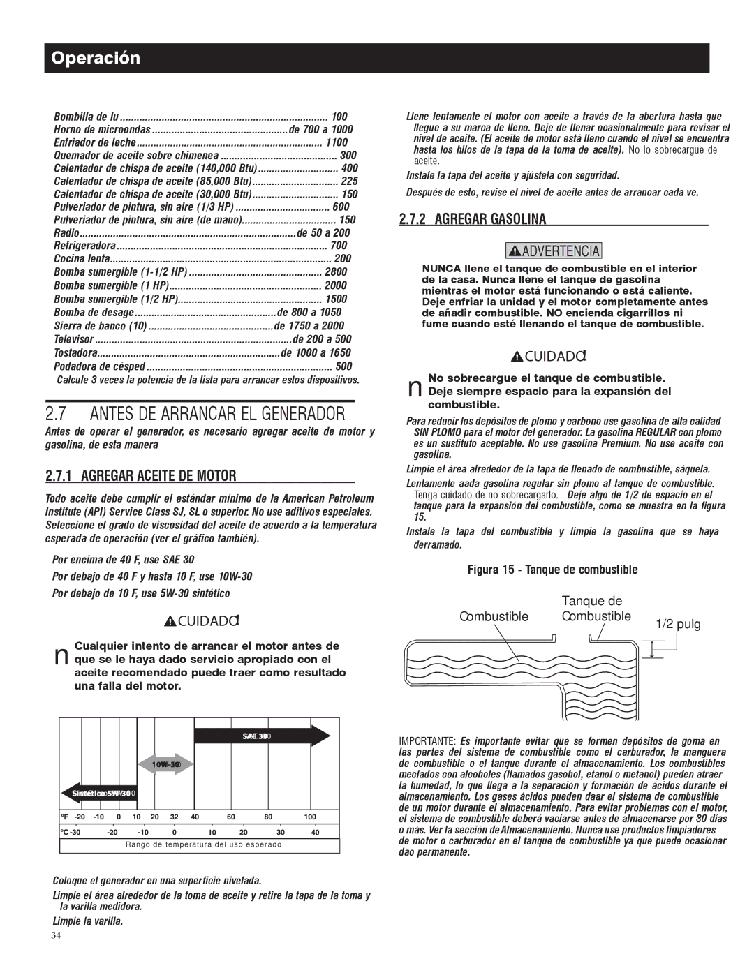 Generac 005734-0, 005735-0 owner manual Agregar Aceite DE Motor, Agregar Gasolina, Advertencia 