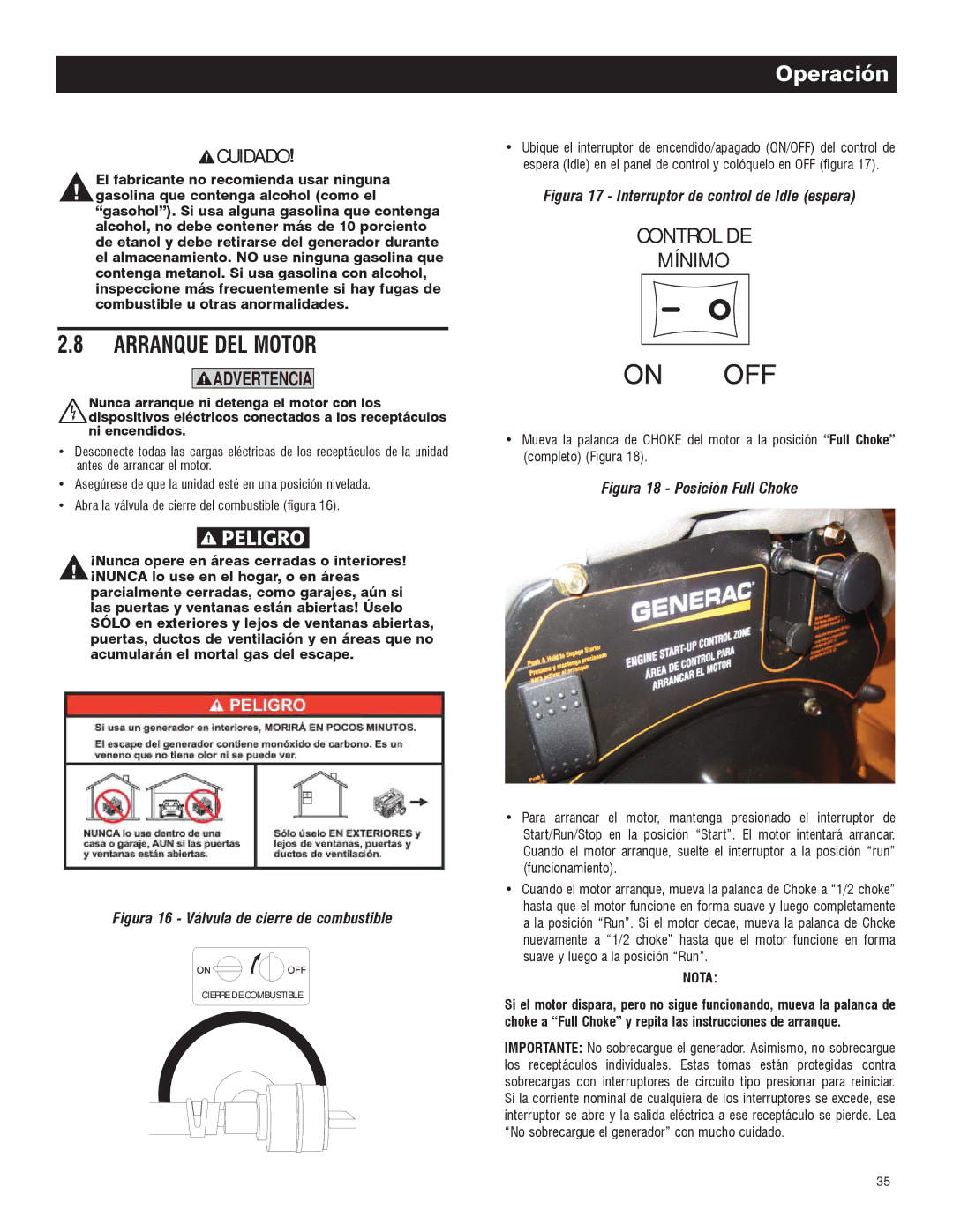 Generac 005735-0, 005734-0 owner manual Arranque DEL Motor, Control DE Mínimo 