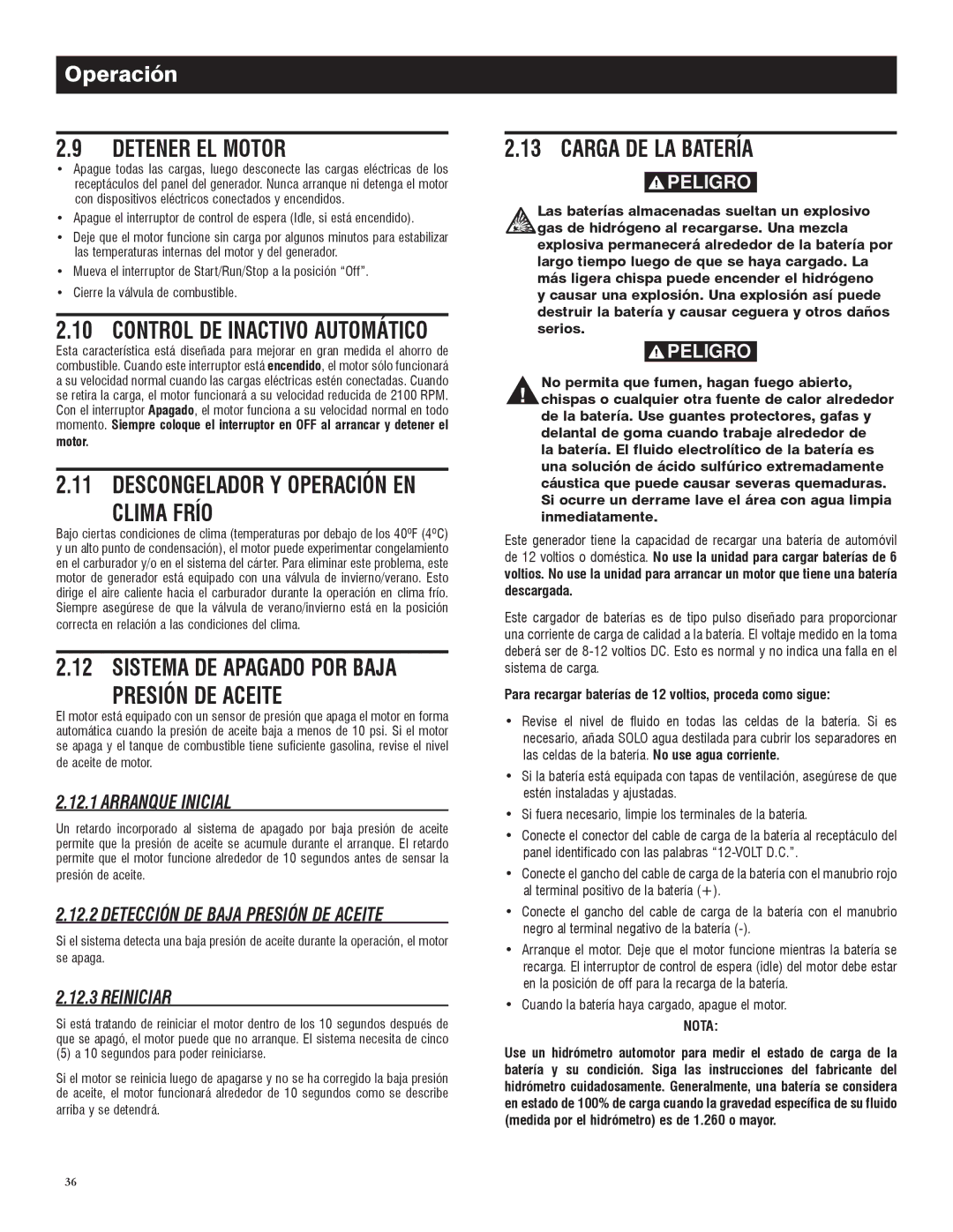 Generac 005734-0 Detener EL Motor, Carga DE LA Batería, Descongelador Y Operación EN Clima Frío, Arranque Inicial 