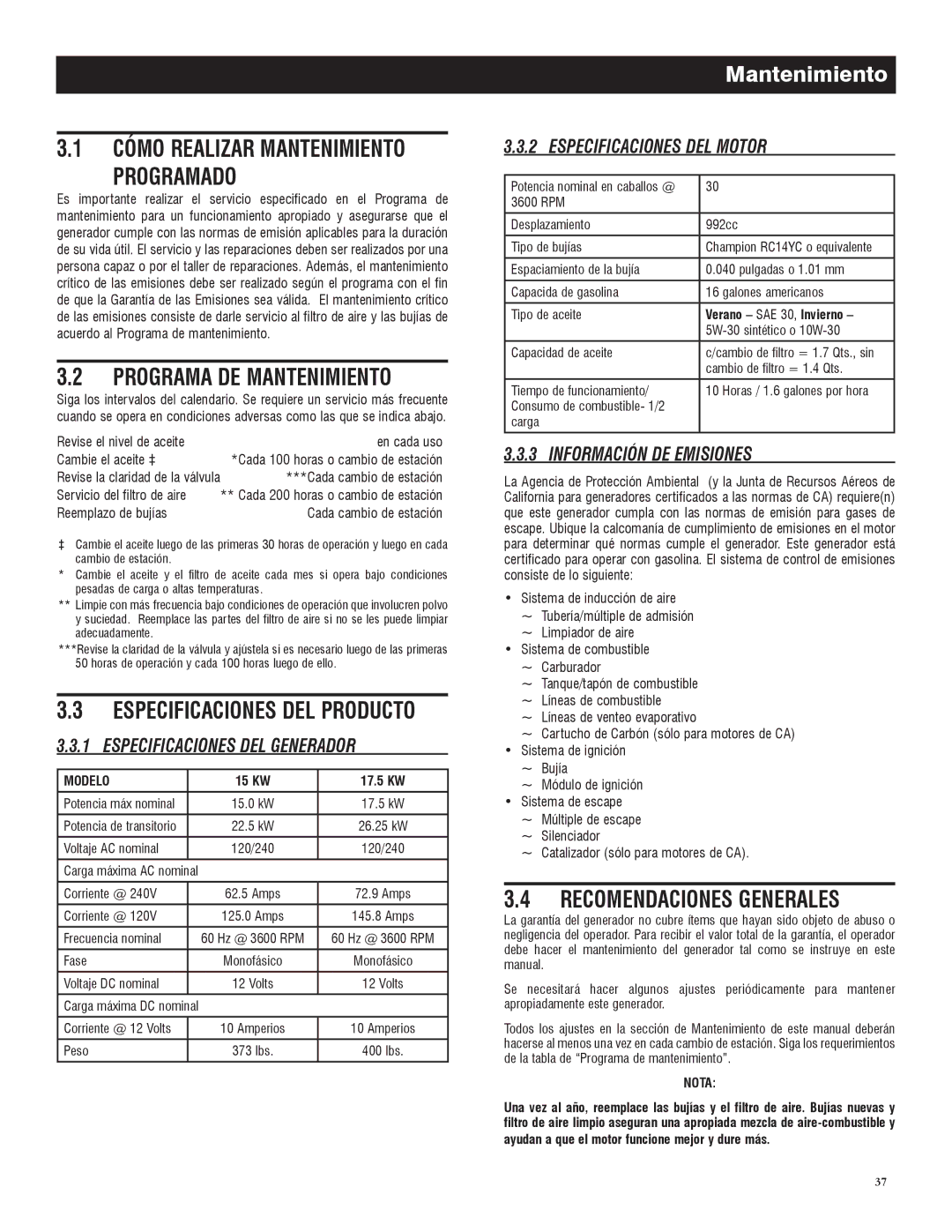 Generac 005735-0, 005734-0 Programado, Programa DE Mantenimiento, Recomendaciones Generales, Cómo Realizar Mantenimiento 