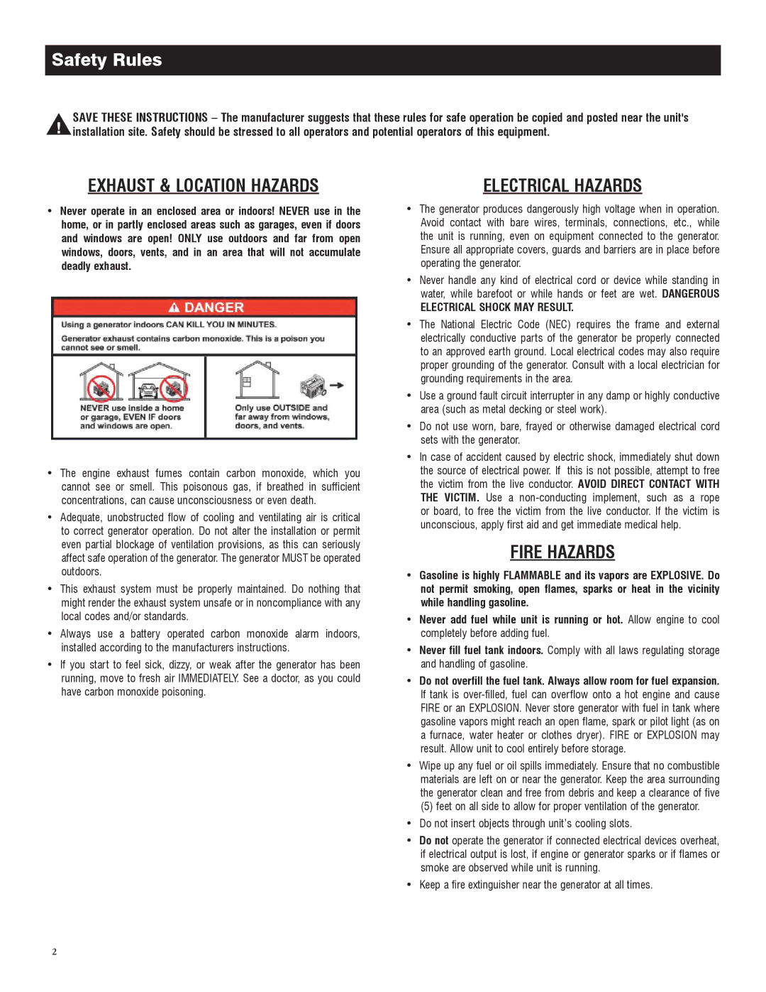 Generac 005734-0, 005735-0 owner manual Safety Rules, Exhaust & Location Hazards, Fire Hazards, Electrical Shock MAY Result 