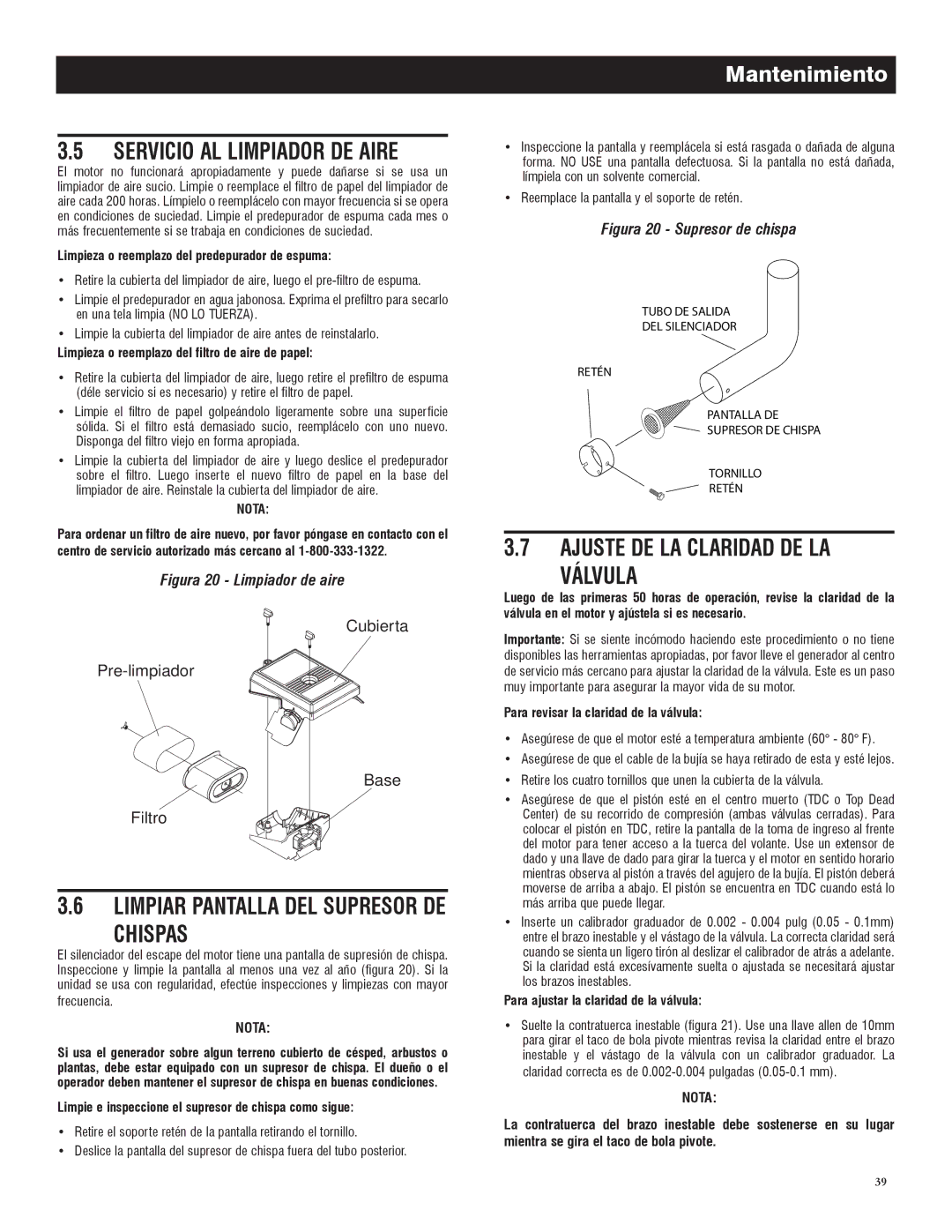 Generac 005735-0, 005734-0 owner manual Servicio AL Limpiador DE Aire, Chispas, Ajuste DE LA Claridad DE LA Válvula 