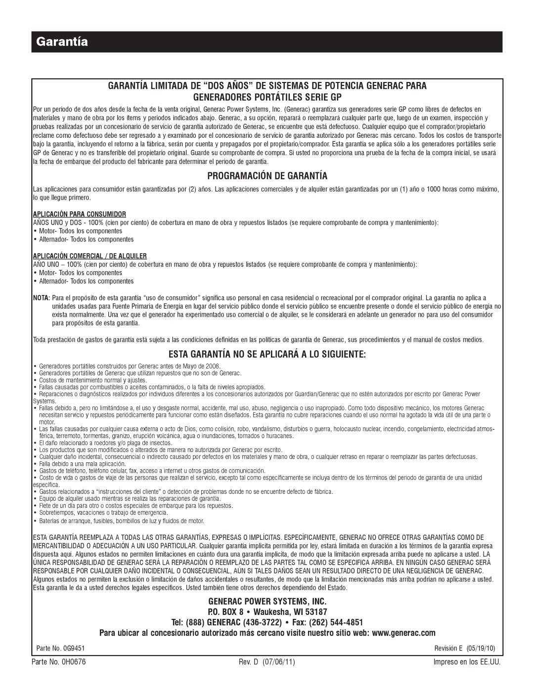 Generac 005734-0, 005735-0 owner manual Programación DE Garantía, Parte No H0676 Rev. D 07/06/11 