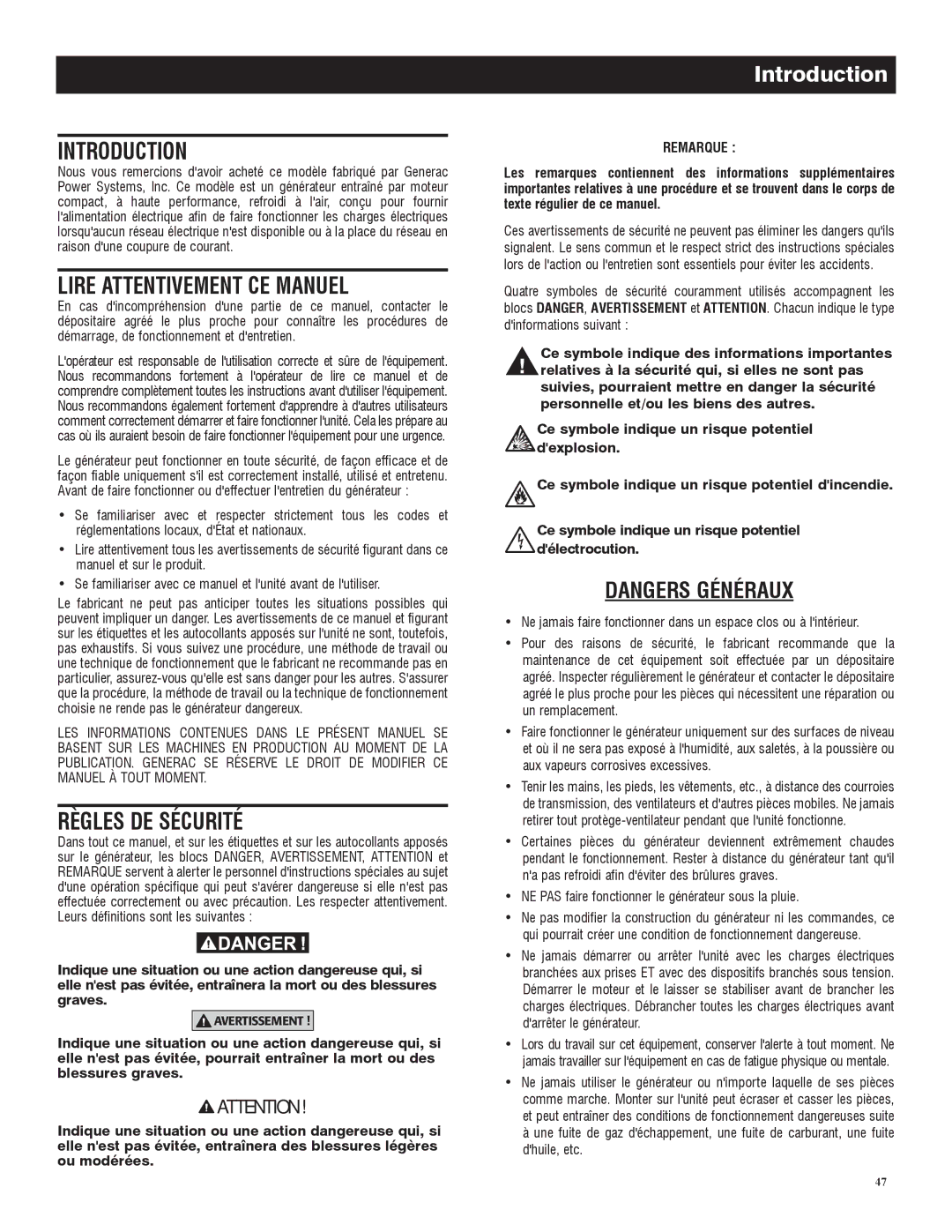 Generac 005735-0, 005734-0 owner manual Lire Attentivement CE Manuel, Règles DE Sécurité, Remarque 