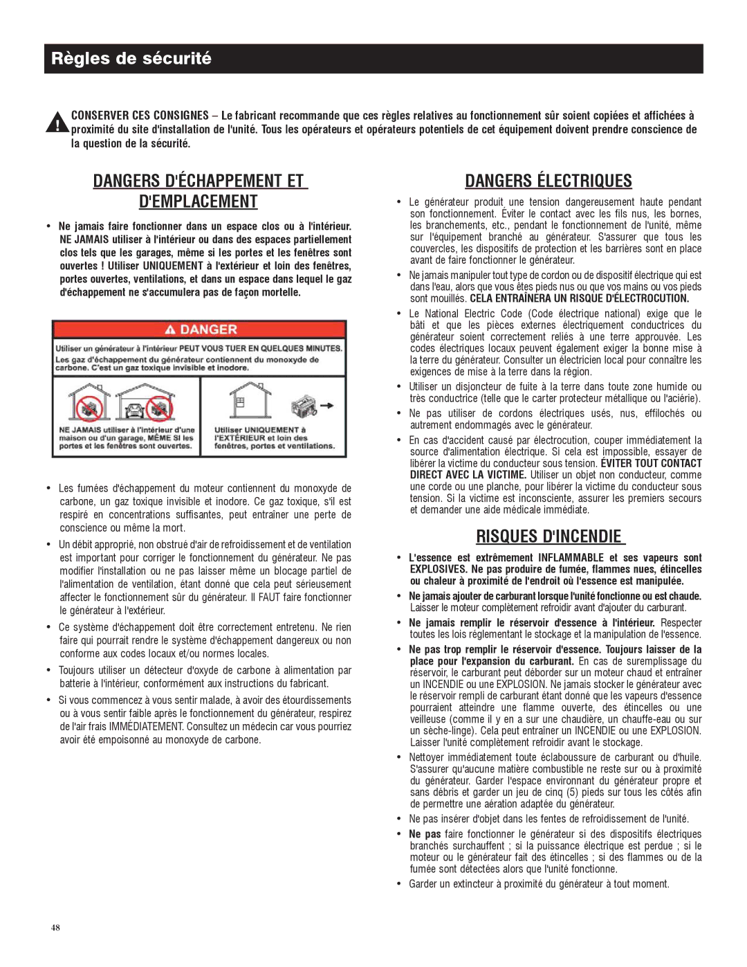 Generac 005734-0, 005735-0 owner manual Règles de sécurité, Demplacement, Risques Dincendie 