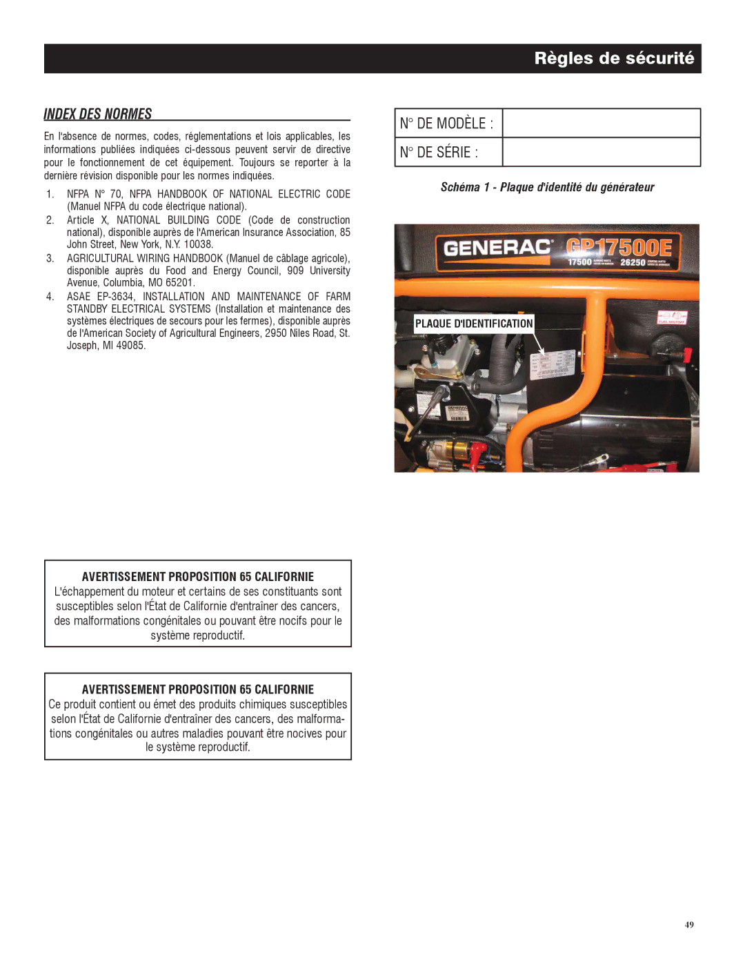 Generac 005735-0, 005734-0 owner manual Index DES Normes, Plaque Didentification 