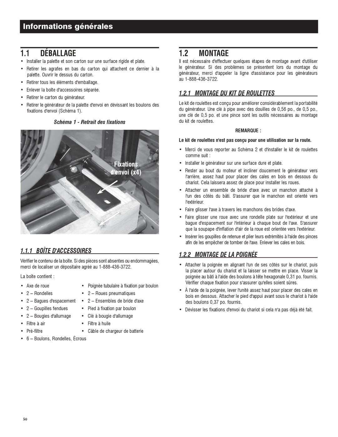 Generac 005734-0, 005735-0 owner manual Déballage, Montage, Informations générales 