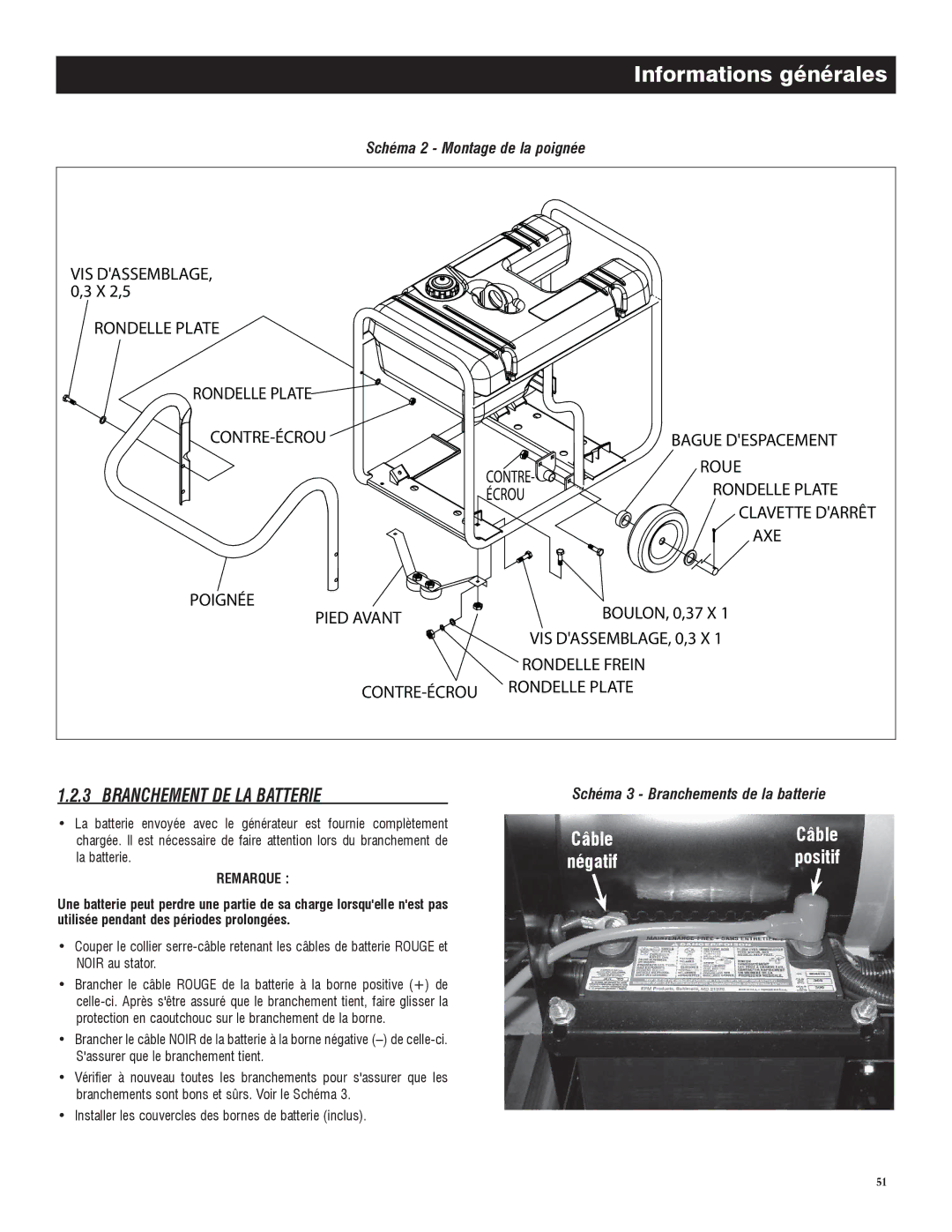 Generac 005735-0, 005734-0 owner manual Branchement DE LA Batterie, Installer les couvercles des bornes de batterie inclus 