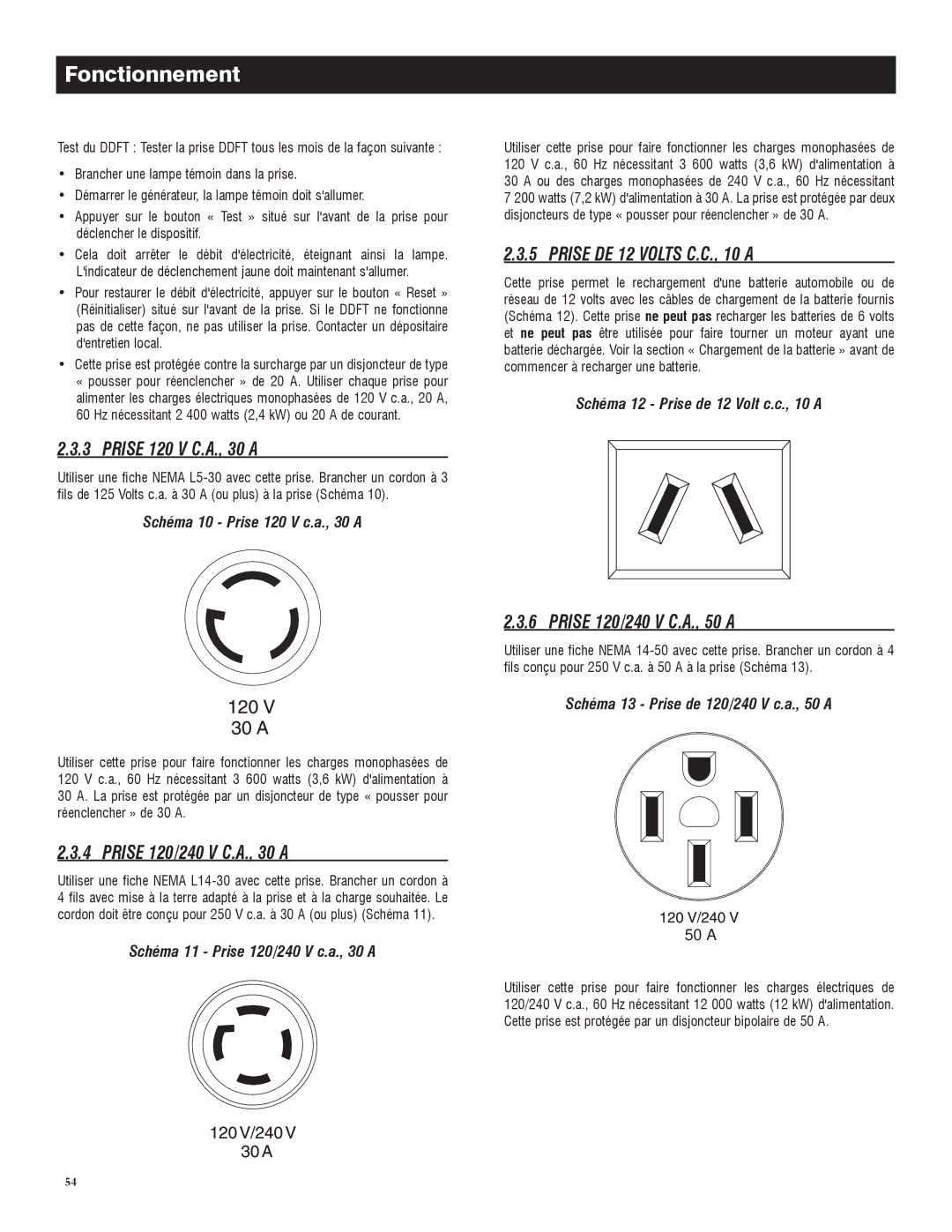 Generac 005734-0, 005735-0 owner manual Fonctionnement, Prise 120 V C.A., 30 a 