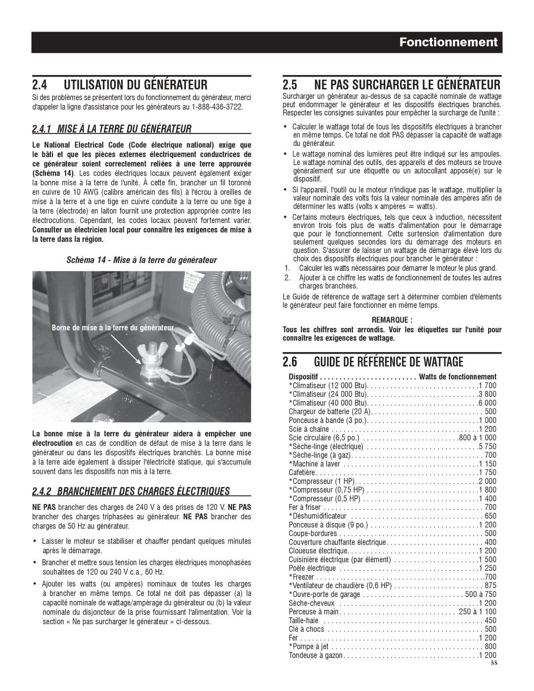 Generac 005735-0, 005734-0 owner manual Utilisation DU Générateur, Mise À LA Terre DU Générateur 