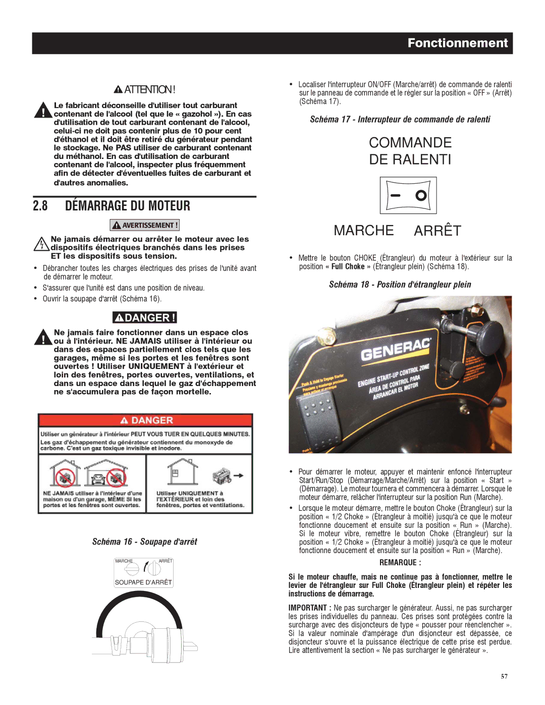 Generac 005735-0, 005734-0 owner manual Démarrage DU Moteur, Schéma 16 Soupape darrêt 