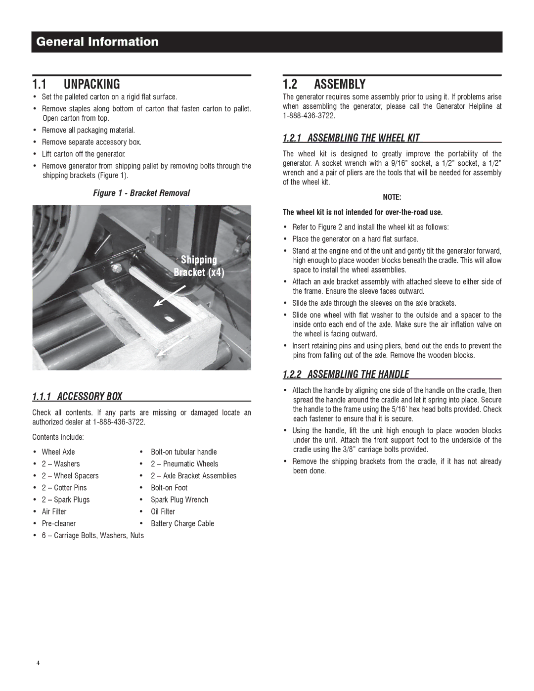 Generac 005734-0, 005735-0 owner manual Unpacking, Assembly, General Information 