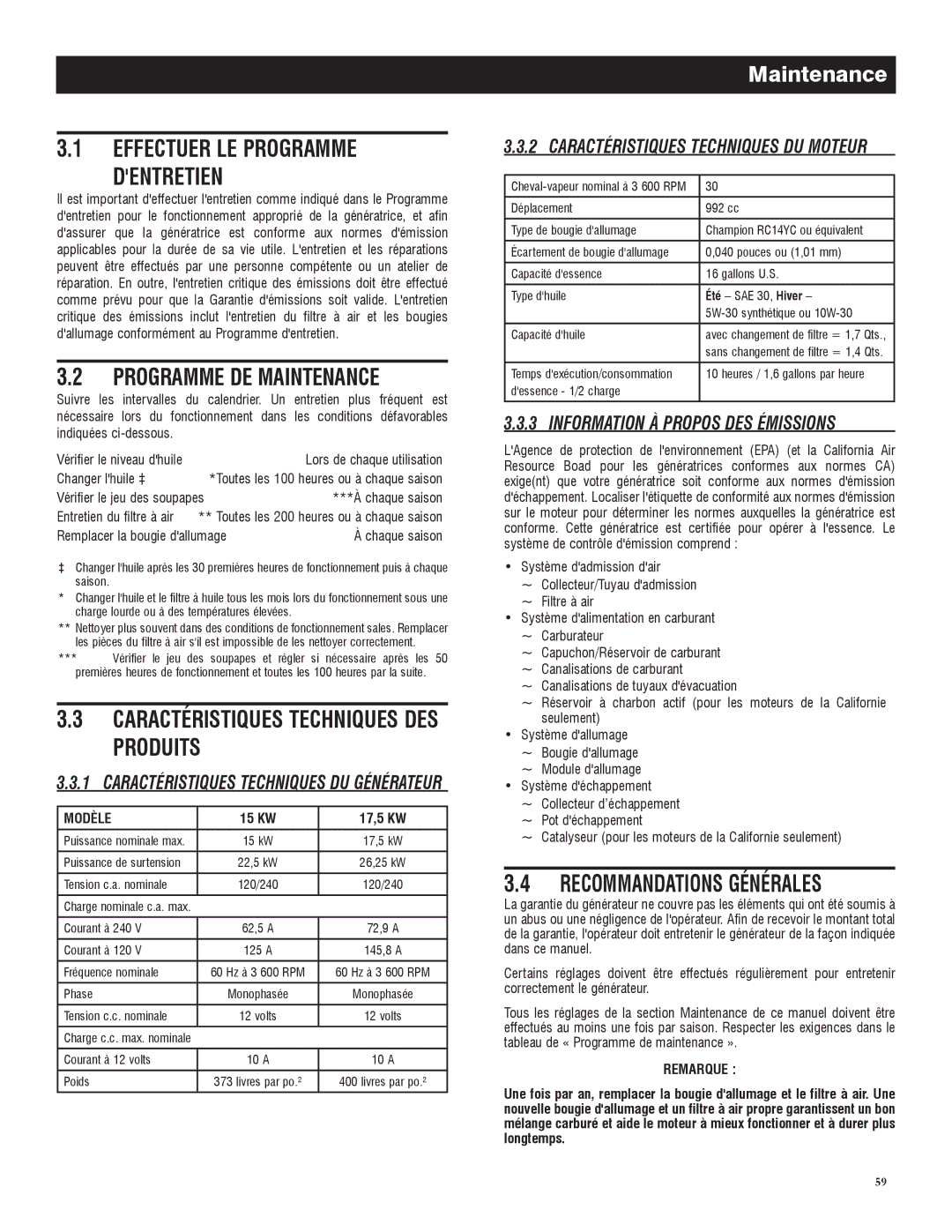 Generac 005735-0 Effectuer LE Programme Dentretien, Programme DE Maintenance, Caractéristiques Techniques DES Produits 